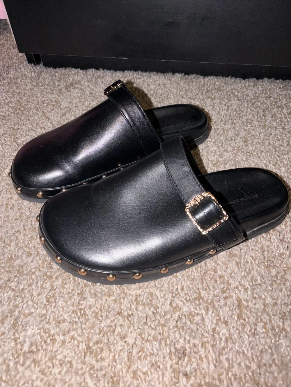 French Connection Black Leather Mule Clogs with Gold Studs and Buckle